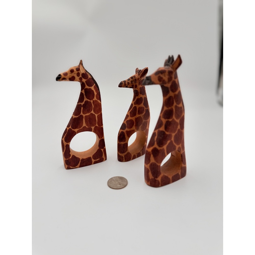 Giraffe Napkin Rings Set of 3 Hand Carved Wood Safari African Table Decor Brown
